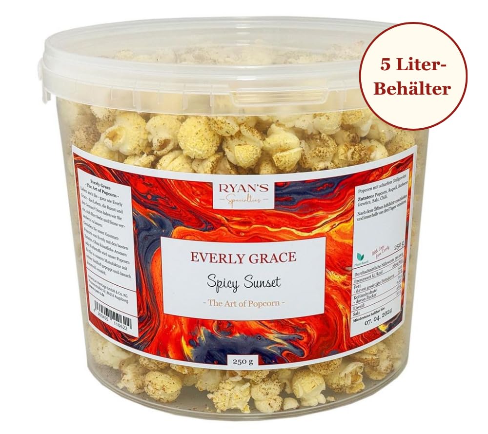 Everly Grace Popcorneimer – Spicy Sunset, 250 g – Popcorn-Eimer würzigem Popcorn - Popcornbucket mit BBQ-Gewürz und Chili-Kick aus unserer Manufaktur in Augsburg, Deutschland