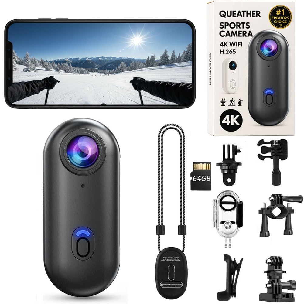 Queather POV Pro 4K Wearable Thumb Camera, Rideview POV Camera with Spring Clip, Portable Mini Body Cam for Vlogging, Helmet Cam for Motorcycle Cycling Travel Pet Walking Sports