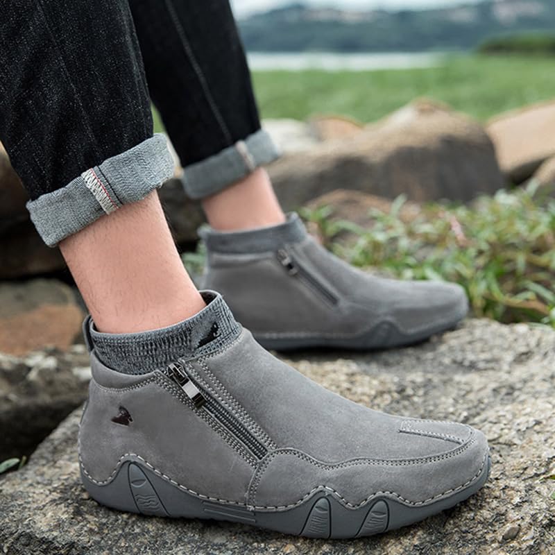 RiceelSor Men's Casual Leather High Top Loafers Hand-Stitching Side Zipper Driving Chukka Ankle Boots Fully Fur Lined Warm Non-Slip Waterproof Dress Shoe2