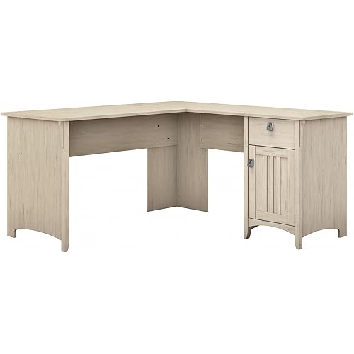 Bush Furniture Salinas L Shaped Desk with Storage in Antique White | Modern Farmhouse Corner Table with Drawers and Cabinets for Home Office