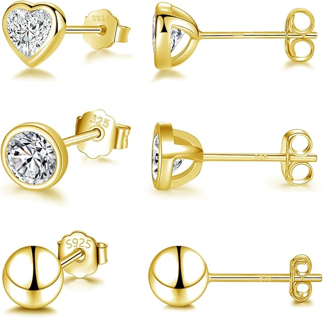 SAKUNALA 925 Sterling Silver Stud Earrings for Women Girls, Solid Silver Sleeper Stud Earrings Set, Small Cubic Zirconia Cartilage Stud Earrings Set, Earrings Set for Multiple Piercings, 4mm*3 Pairs
