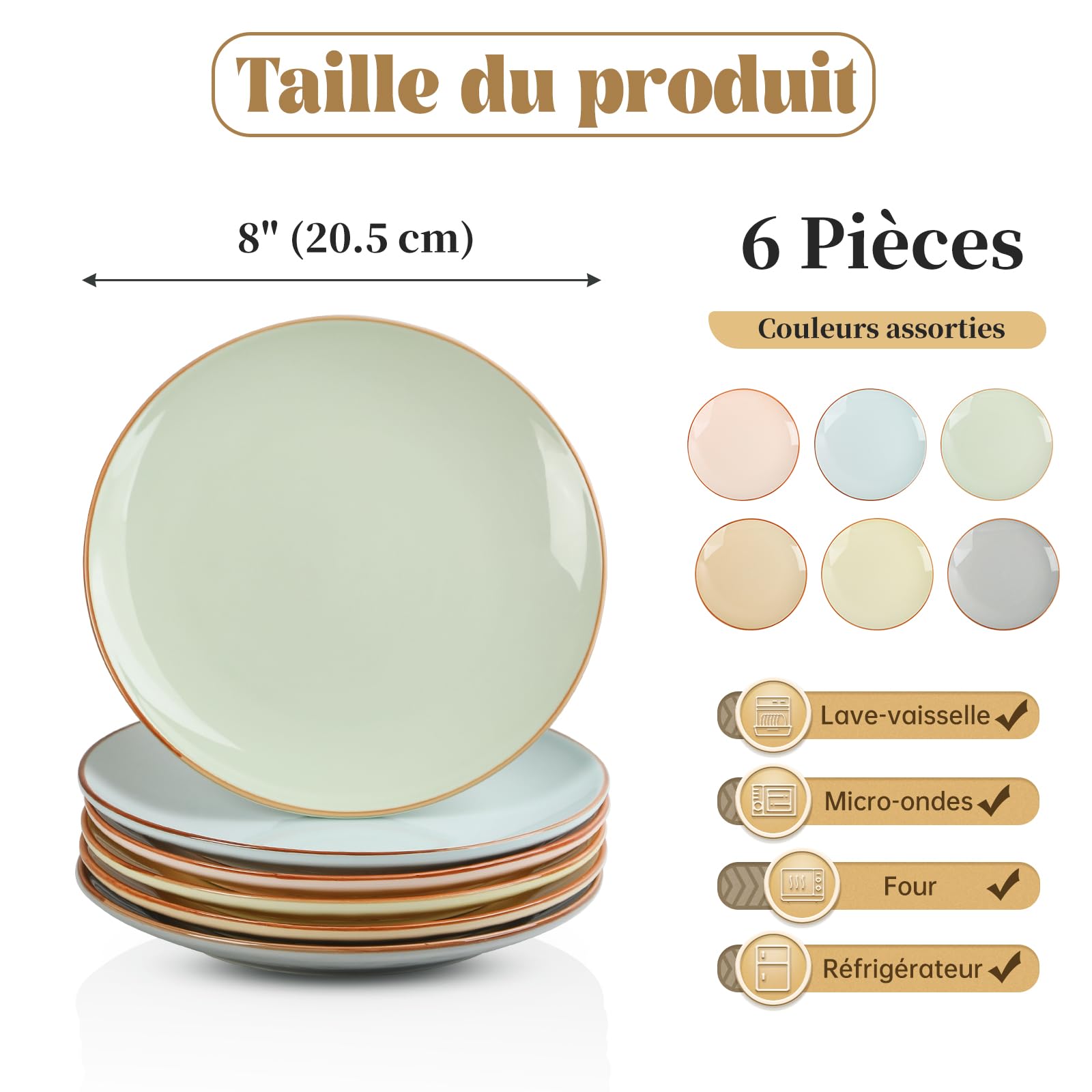 Assiettes à Dessert Assiette Plate - Lot Assiette Salade aux Teintes Bonbon - Set Assiette Ceramique 6 Personnes - Assiettes Colorées - Assiette Petit Dejeuner | Aperitif | Risotto | Tapas - 20 cm