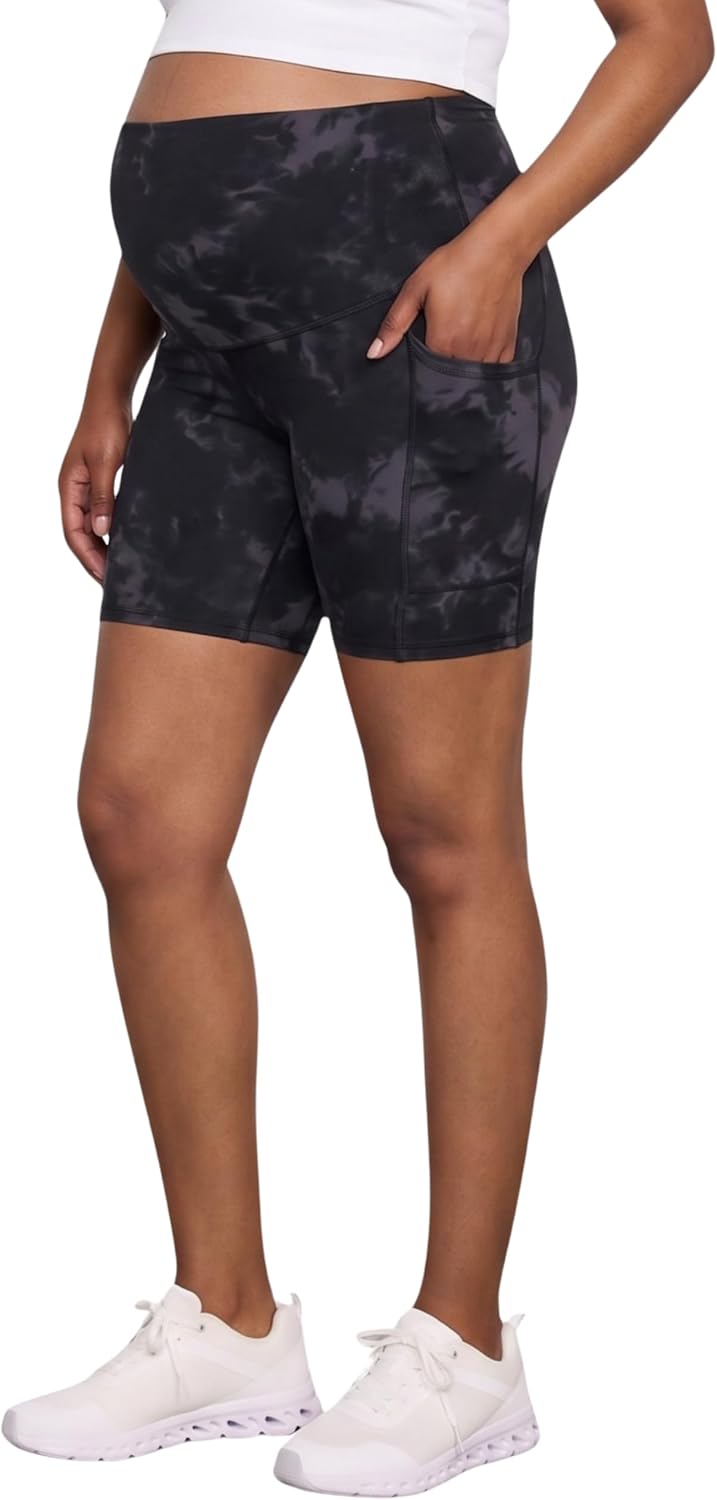 Motherhood Maternity Womens Over The Belly Pocket Biker Active Workout Pregnancy Shorts