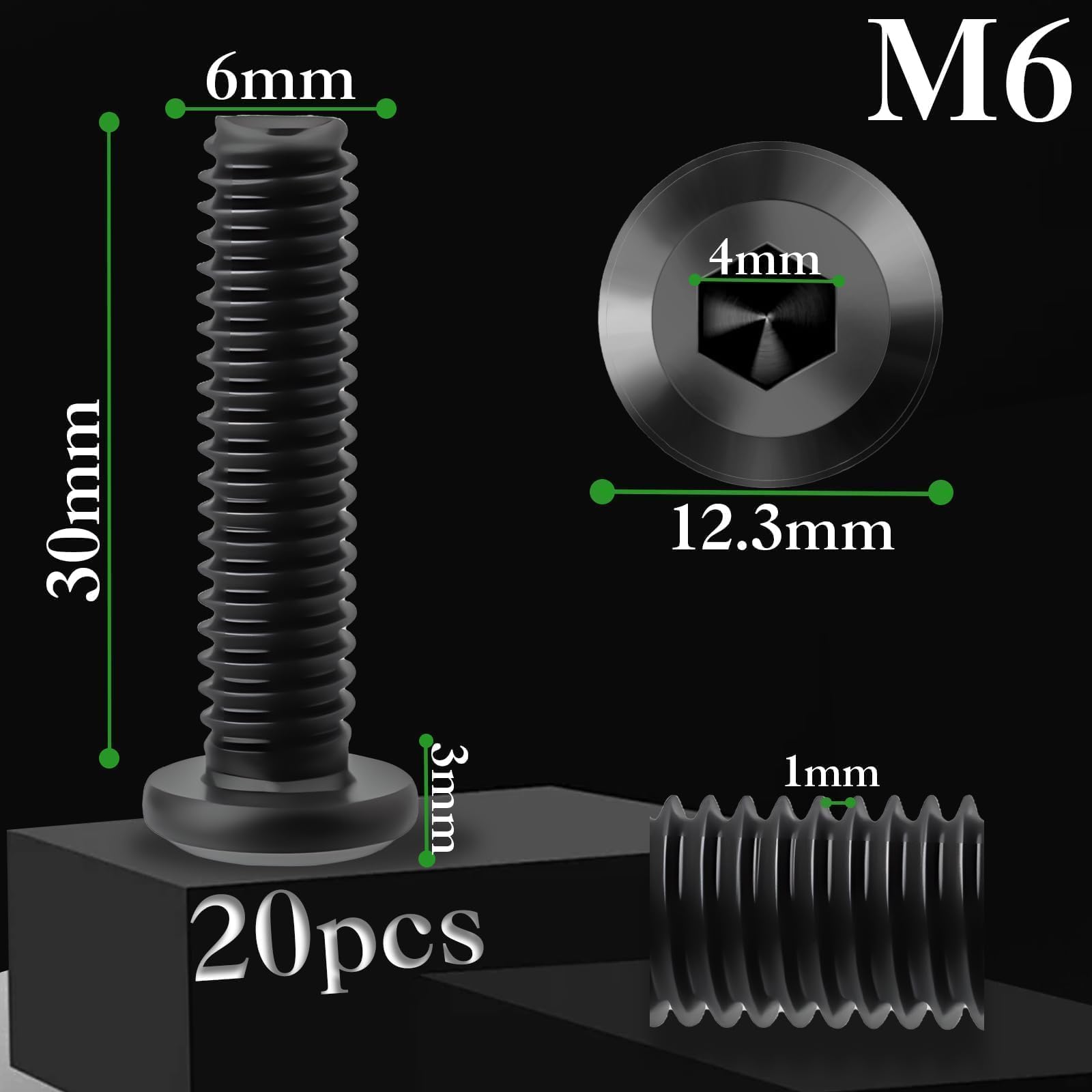 Pyroclasia M6 Black Bolt 20 Pcs M6 x 30 mm Flat Head Hex Socket Cap Screws Bolts 304 Stainless Steel Furniture Bolt Ful Thread with Hex Key Black Oxide for Assembly Machinery Industry - Image 2