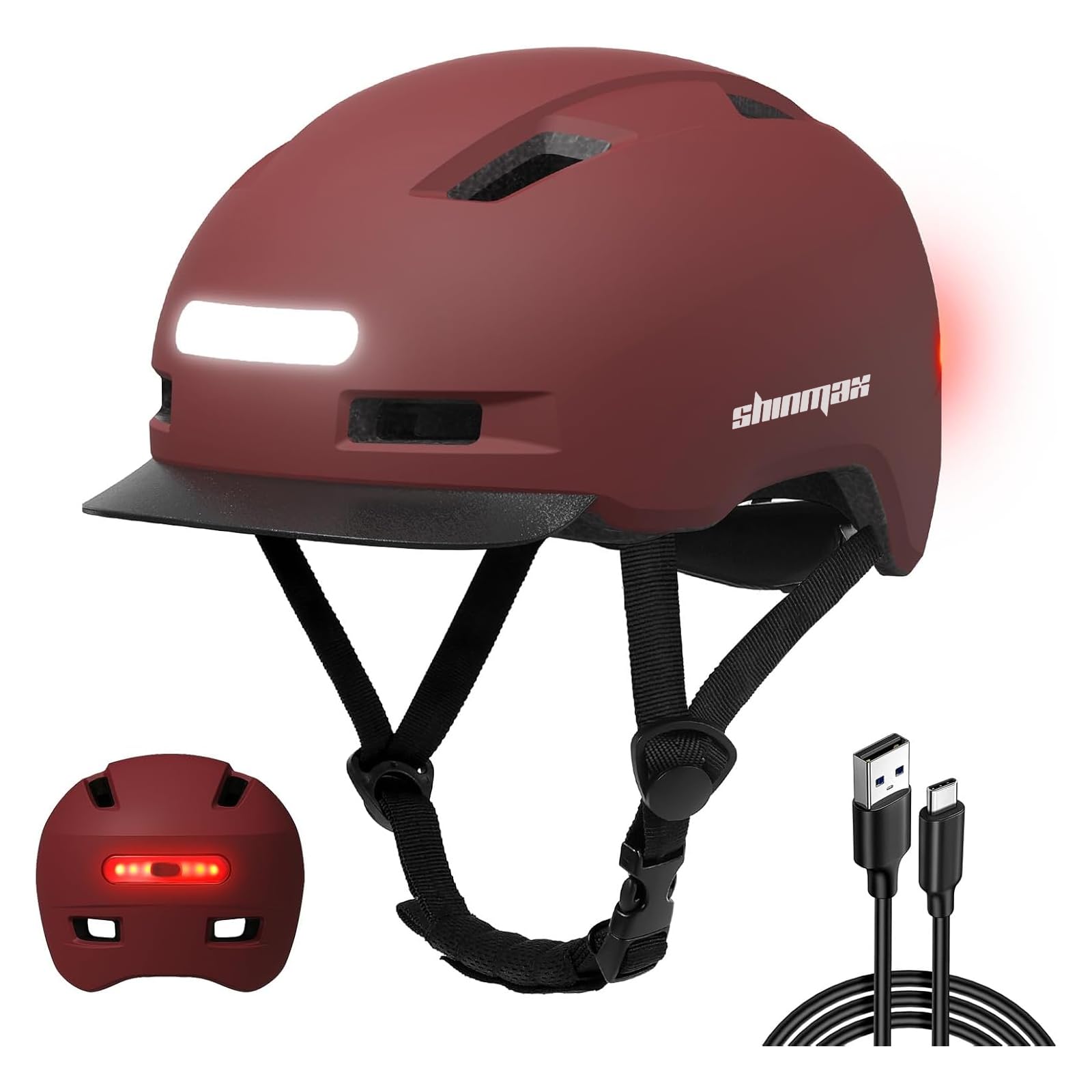 Shinmax Bike Helmet with Front & Rear Lights, Adult Cycling Helmet with Visor, 5 Light Modes, PC Shell EPS Foam, Adjustable Road & Mountain Bicycle Helmet for Men Women Commuters — image 1
