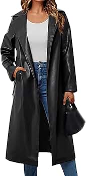 Sexyshine Women's Faux Leather Trench Coat Notched Lapel PU