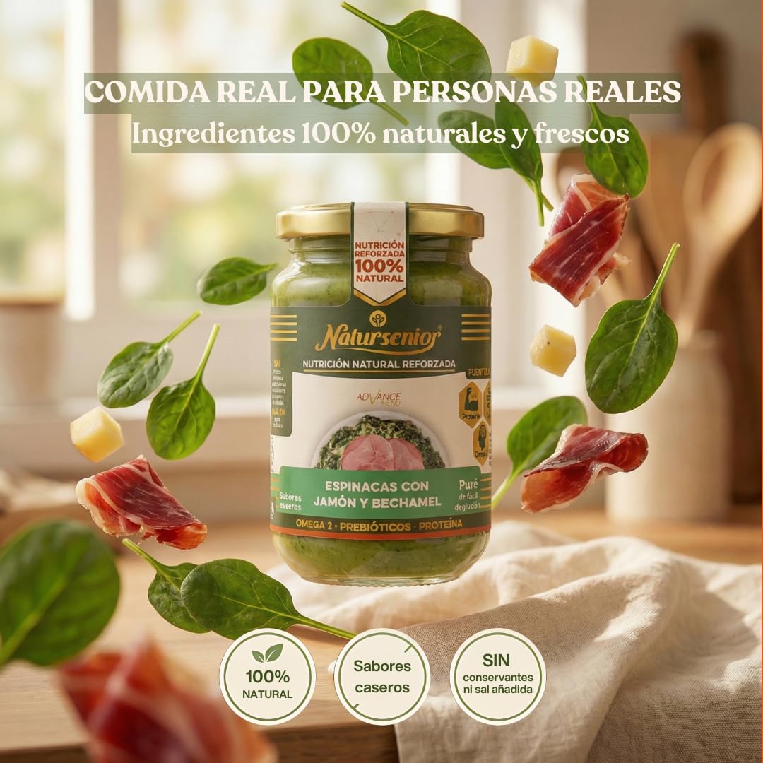 Natursenior - Comida Triturada para Personas Mayores - Pack Puré de Espinacas con Jamón y Bechamel - 100% Natural, Omega 3, Fibra, Proteína - 6 uds x 340g