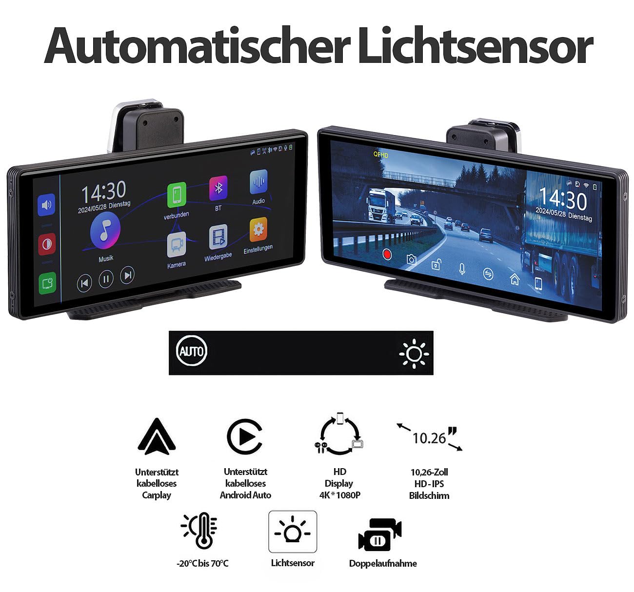 Lescars Carplay Display: IPS-HD-Touchscreen für Apple CarPlay mit 10,26"/26 cm & Rückfahrkamera (Auto Bildschirm, Dashcams, SD)