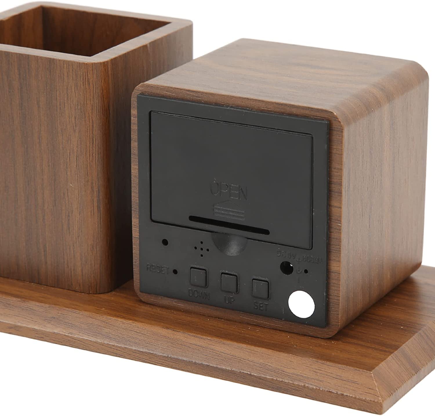 Horloge de Chevet Porte-Stylo en Bois Brun Horloge créative LED réveil numérique réveil Mini Horloge électronique Ornement Bureau Organisateur Crayon Tasse réveil numérique