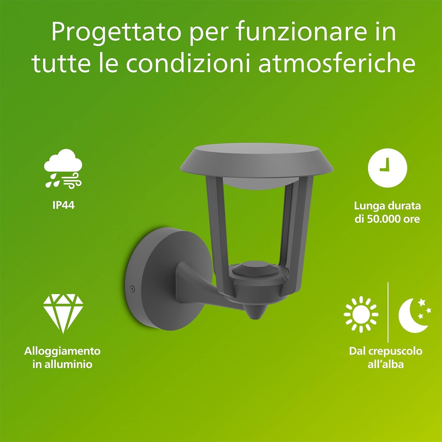 Applique da esterno Philips Nuvy, 800 lm, 2700 K, PowerShield, IP44 resistente alle intemperie, durevole, alluminio, LED integrato, grigio antracite