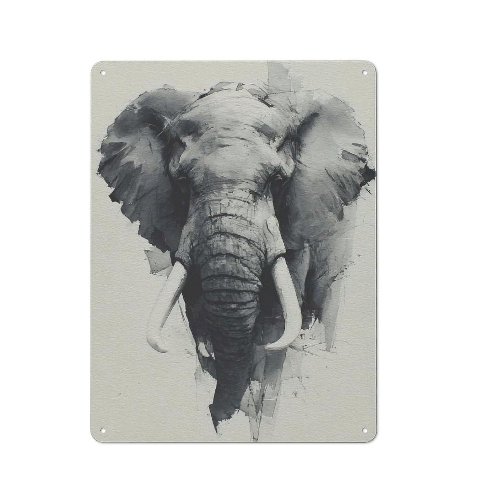 Junmoney Style-16 Elephant Portrait In Grayscale Watercolor Style Vintage Metal Plaque 40X30cm For Living Room Wall, Suited To Living Room Decor Lovers