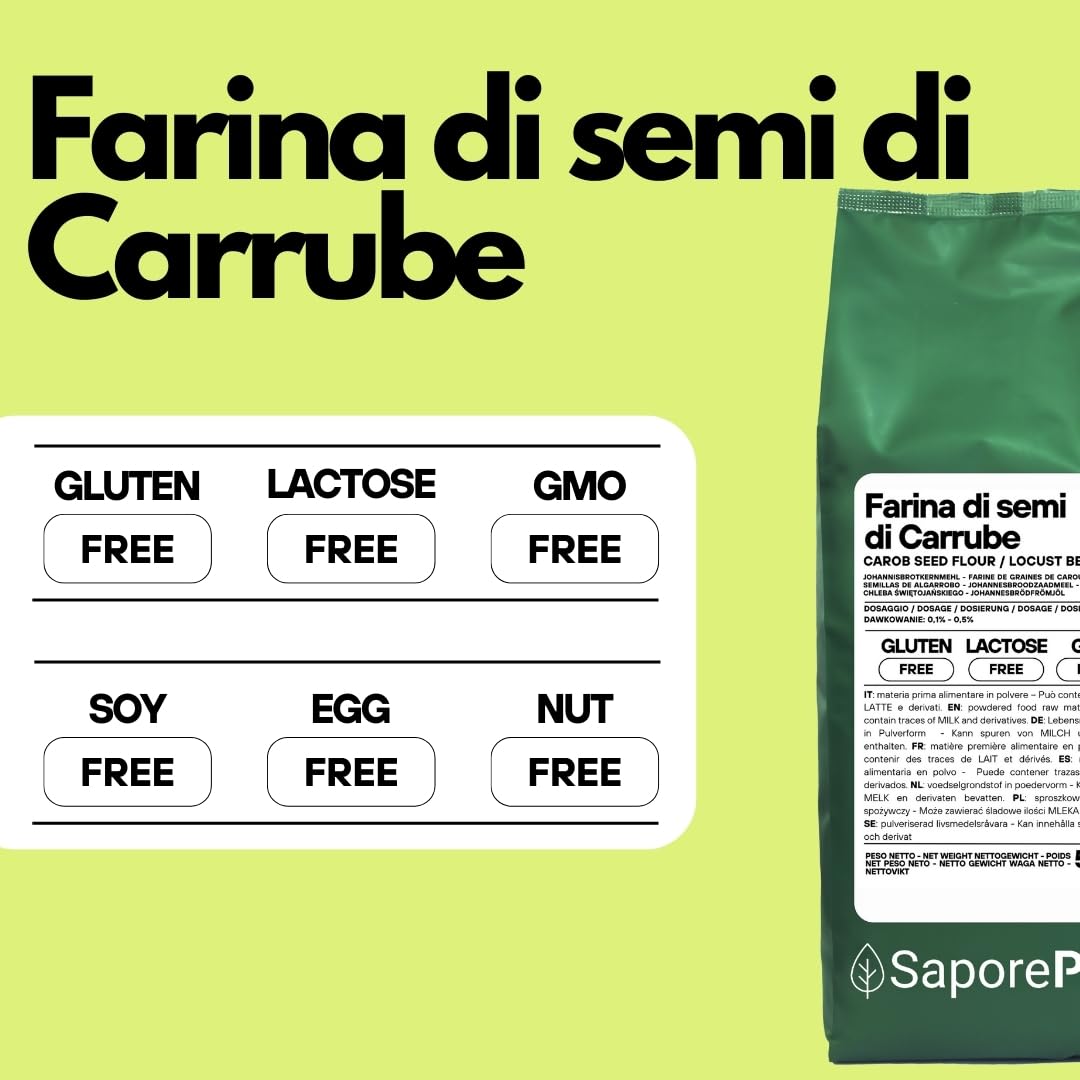 Saporepuro Farina di Semi di Carrube 500 gr - SENZA GLUTINE - Addensante e gelificante naturale 100% puro - Ideale per Gelati, Sorbetti, Dolci e Salse