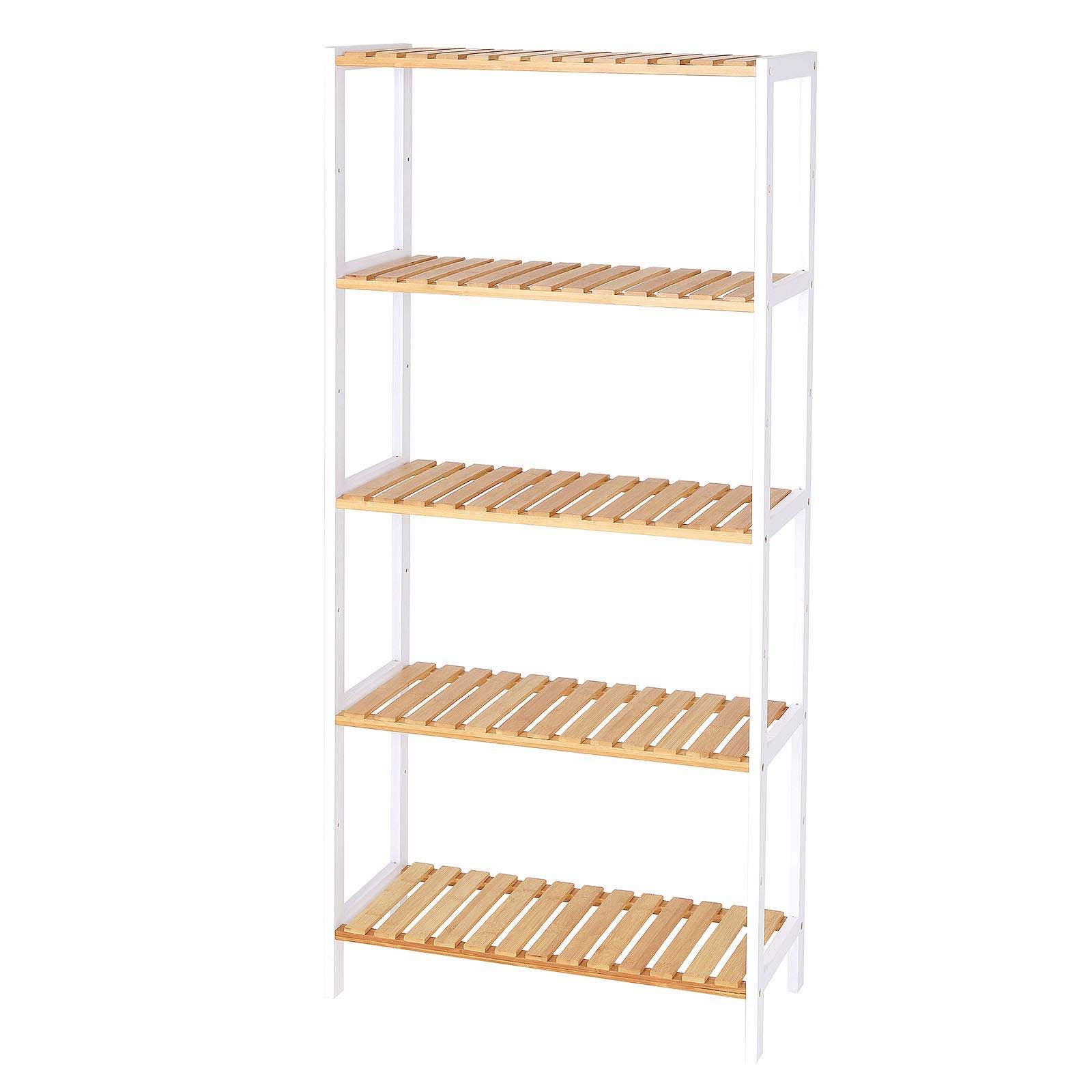 tavora Badezimmerregal mit 5 Ablagefächern, 60 x 26 x 130 cm, Natur/Weiß | Offenes Standregal aus Bambus für Bad, Küche oder Flur, kombinierbar zur Regalwand, platzsparend, mit gummierten Standfüßen