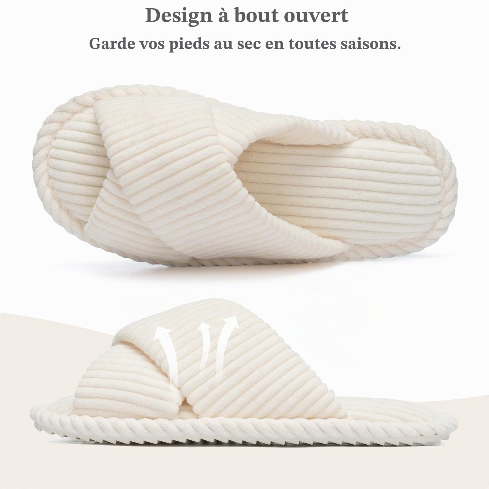 GOEWY Chaussons Femme en Velours Côtelé - Mousse Mémoire, Bout Ouvert Brides Croisées Semelle Antidérapante - Confort Tendance, Idée Cadeau