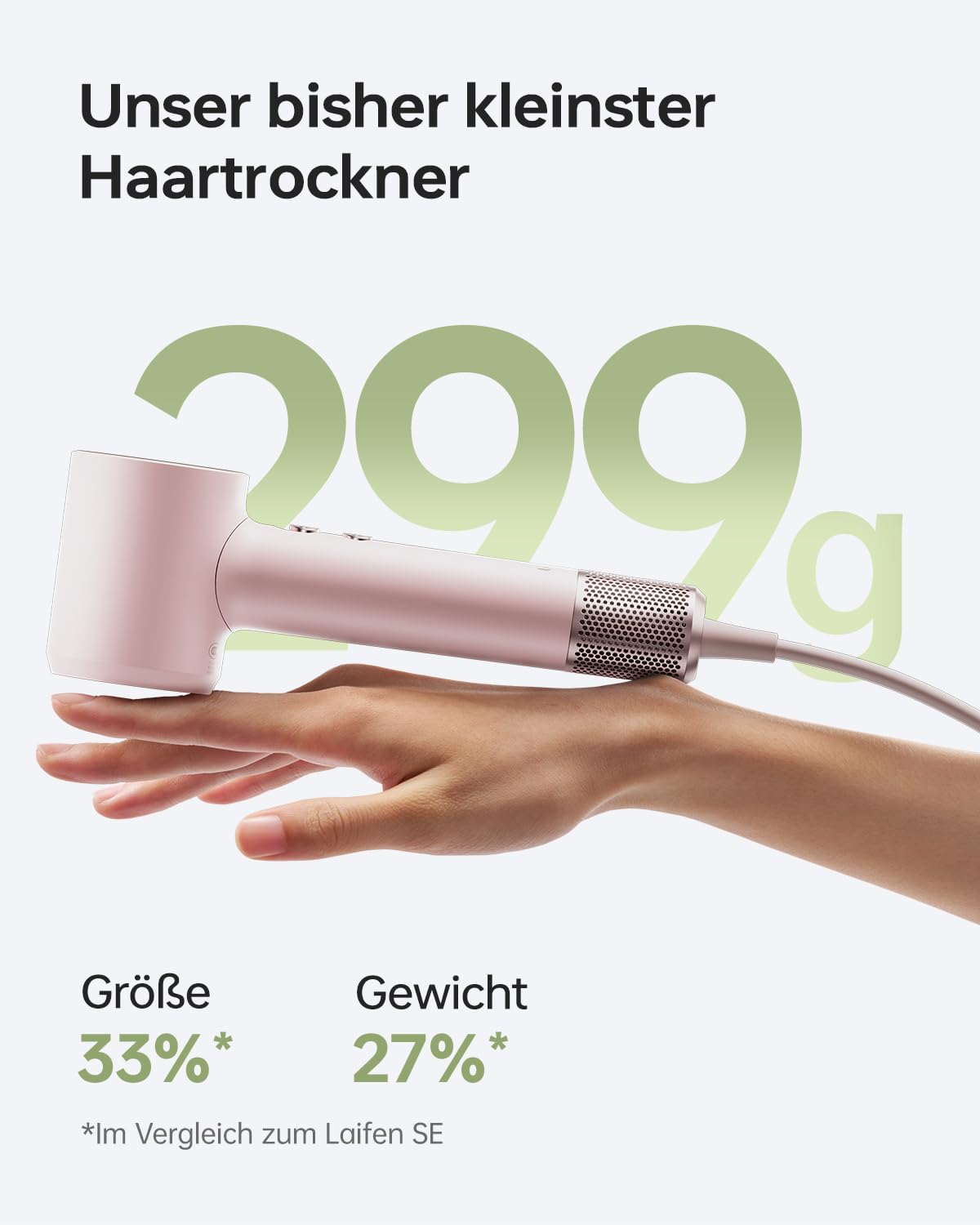 Laifen Mini Haartrockner, 110.000 U/min leistungsstarker Motor mit 200 Millionen Negativ-Ionen, 299 g leicht & 61 dB leise, Kindermodus für sanftes Trocknen, schnelltrocknend, Reiseföhn (Milchrosa)