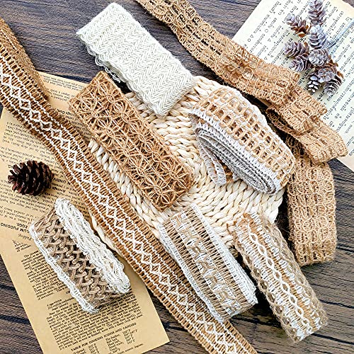 Mayplous 8 Packs Jute Ribbon Natural Burlap Ribbon Roll with Lace Craft Ribbons and Trims Decorative Twine for DIY Arts and Crafts Wrapping Wedding Christmas Party (Lacy) - Image 3