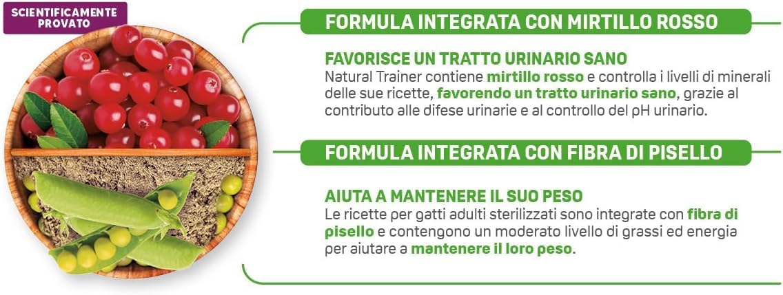 Natural Trainer per Gatti Cibo Secco Daily Nutrition Sterilised Adul con Prosciutto, Mirtillo Rosso e Fibre di Pisello 3 KG - Favorisce un Tratto urinario Sano e la Lucentezza Del Pelo