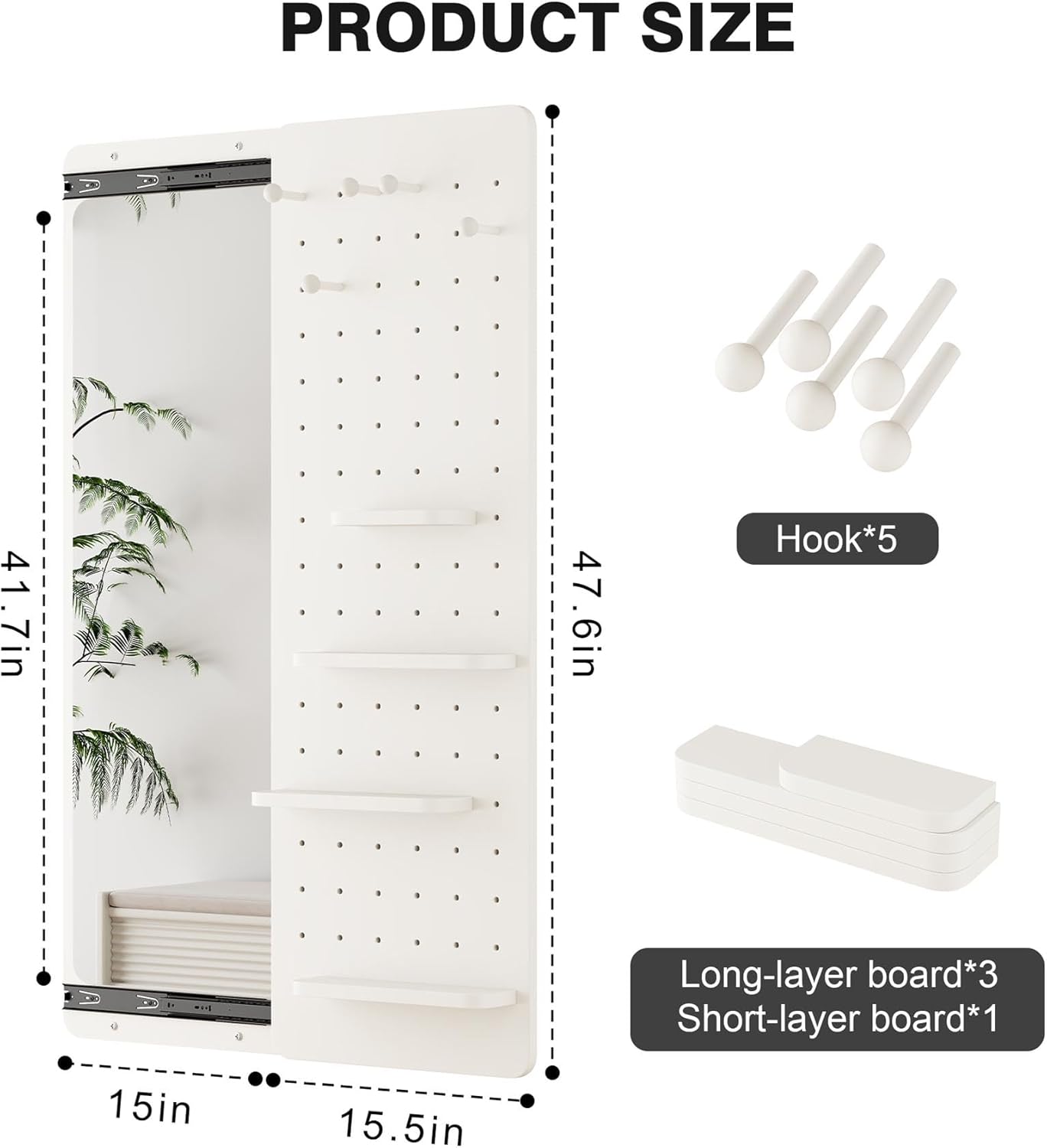 47.6” Length Wall Mounted Mirror with Shelf, Entryway Mirror with Hooks & Multifunctional Design Panel Pegboard, for Bedroom, Living Room, Dressing Room (White)