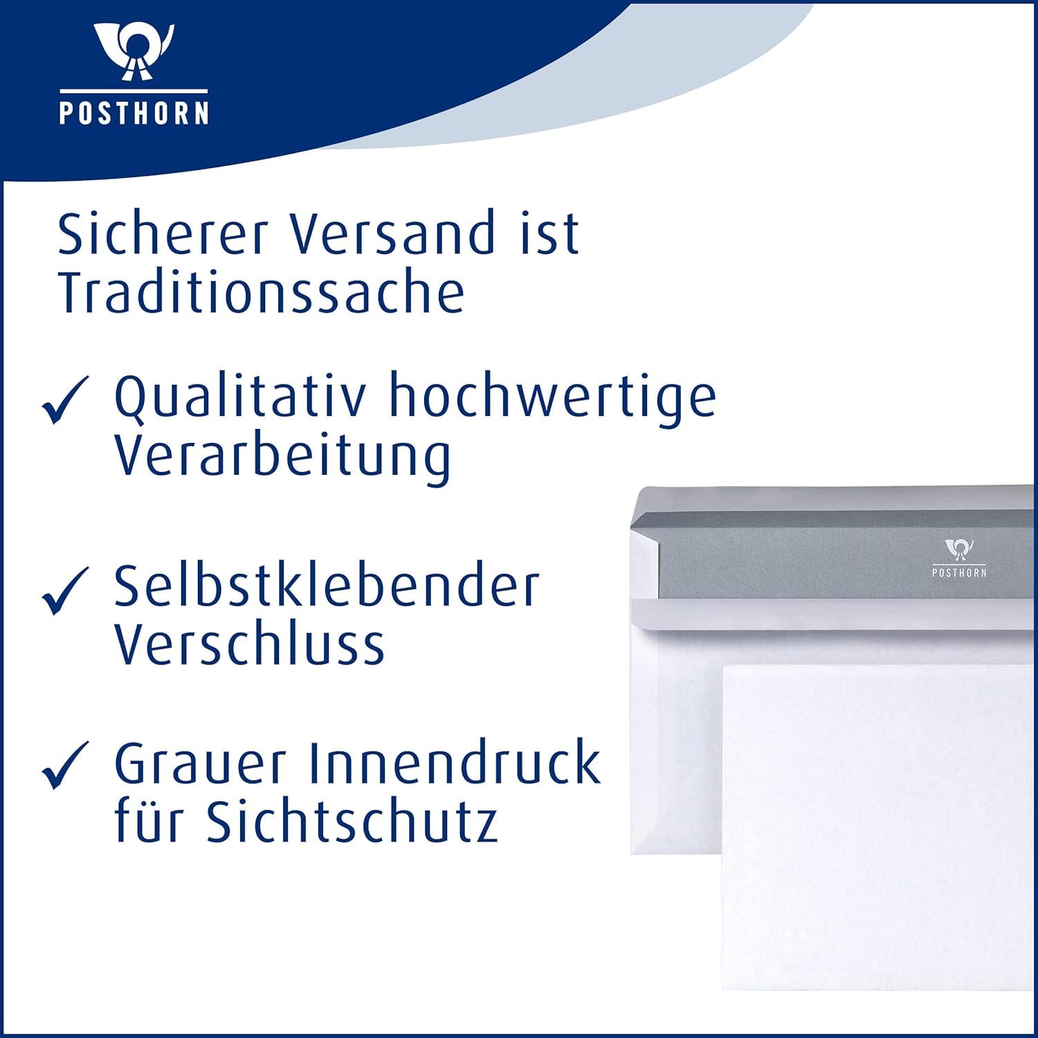 PosthORN - Buste formato DIN lungo, 1000 pezzi, senza finestra, autoadesive, formato DIN lungo, senza finestra, con grammatura 75 g/m², stampa interna grigia, 110 x 220 mm, bianco