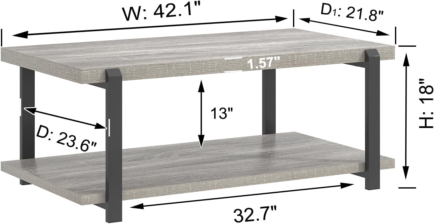 FOLUBAN Rustic Coffee Table, Modern Wood Center Table for Living Room, Industrial 2 Tier Rectangle Low Cocktail Tea Table with Storage Shelf, Light Grey