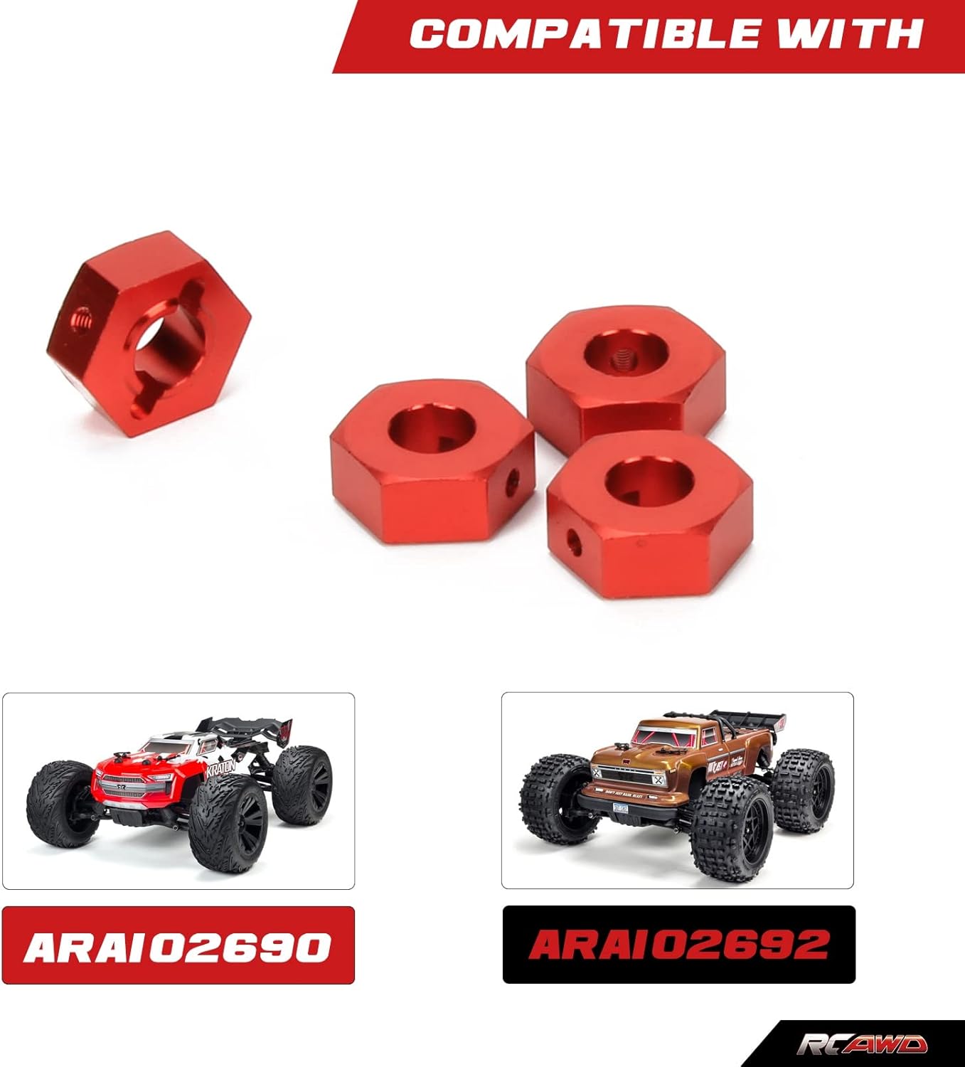 RCAWD Wheel Hex 17mm w Screw Pins for 1/10 ARRMA 4S Kraton & Outcast Upgrades 4x4 BLX, Wheel Nut Hubs Adapter Hex Wheels Hopups Parts for #AR310910, Truck #ARA102690, #ARA102692 Red