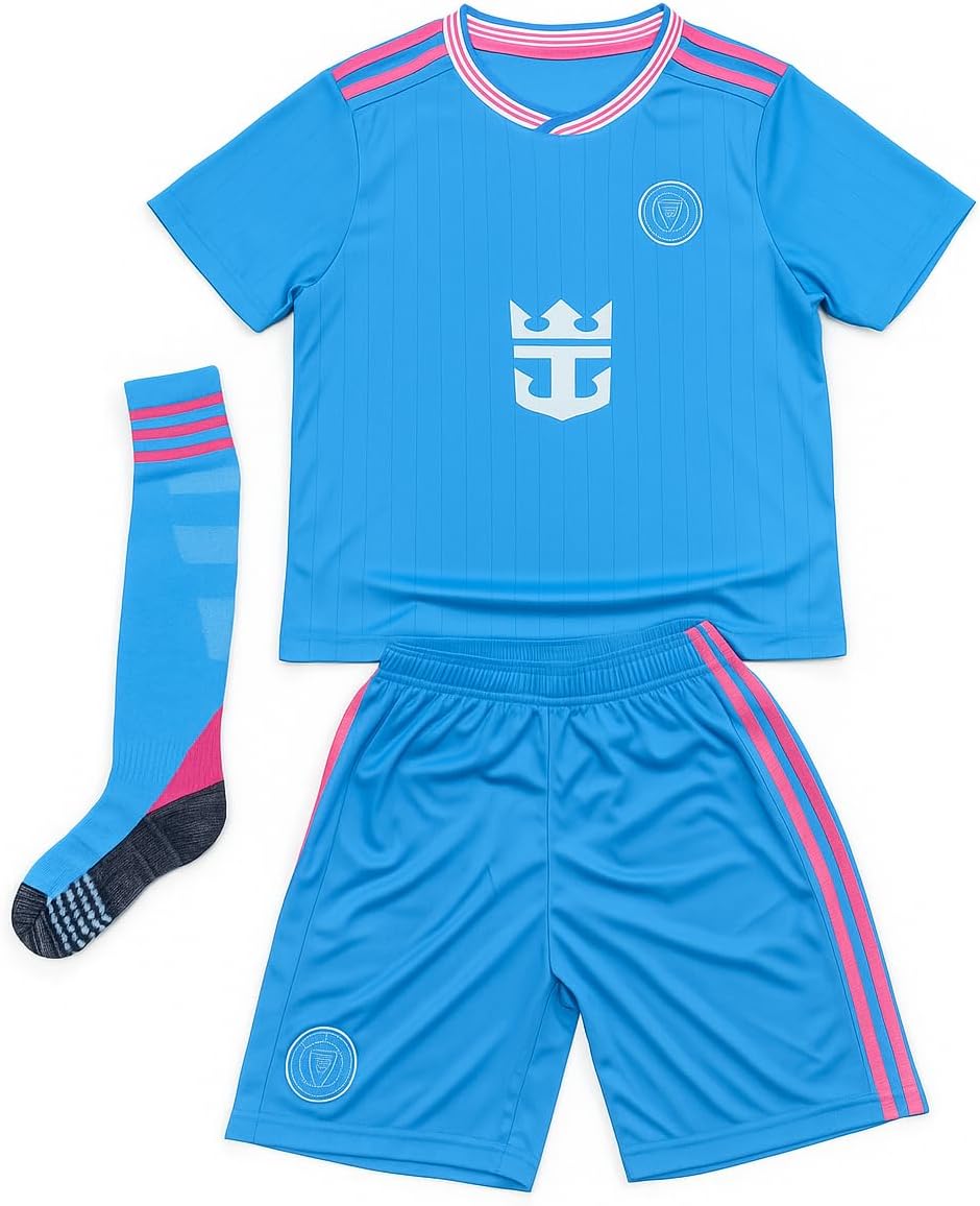 in-Miami Kids Soccer Jersey Kit, Blue and Pink Home Team Uniform Set with Shorts and Socks, Youth Athletic