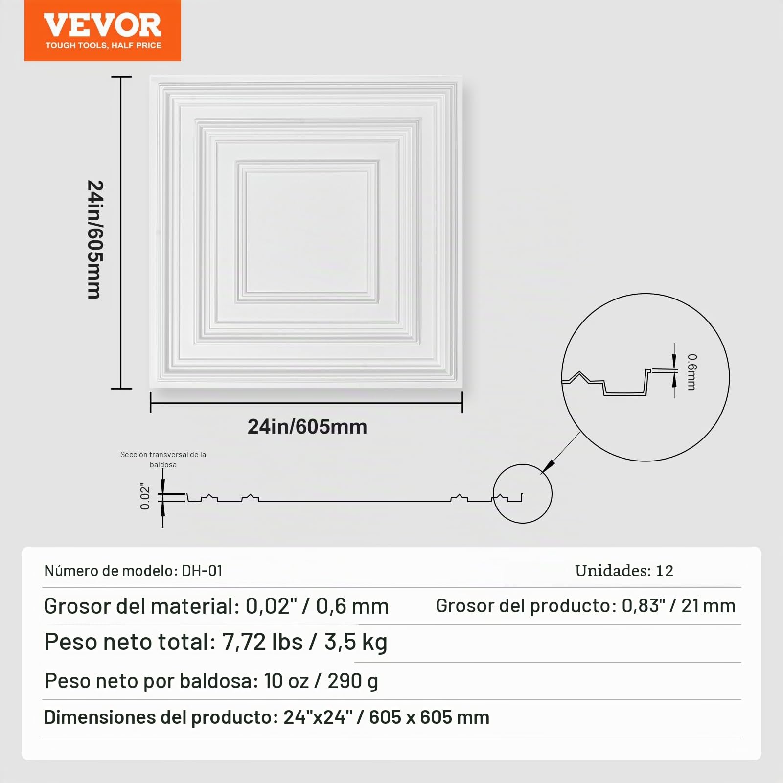 VEVOR Paneles para Techo Suspendidos, Paquete de 12, Láminas de PVC de Primera Calidad, Fácil Instalación/Corte, Plástico, para Decoración del Hogar/Oficina, Patrón de Clavijas Blancas, 605 x 605 mm