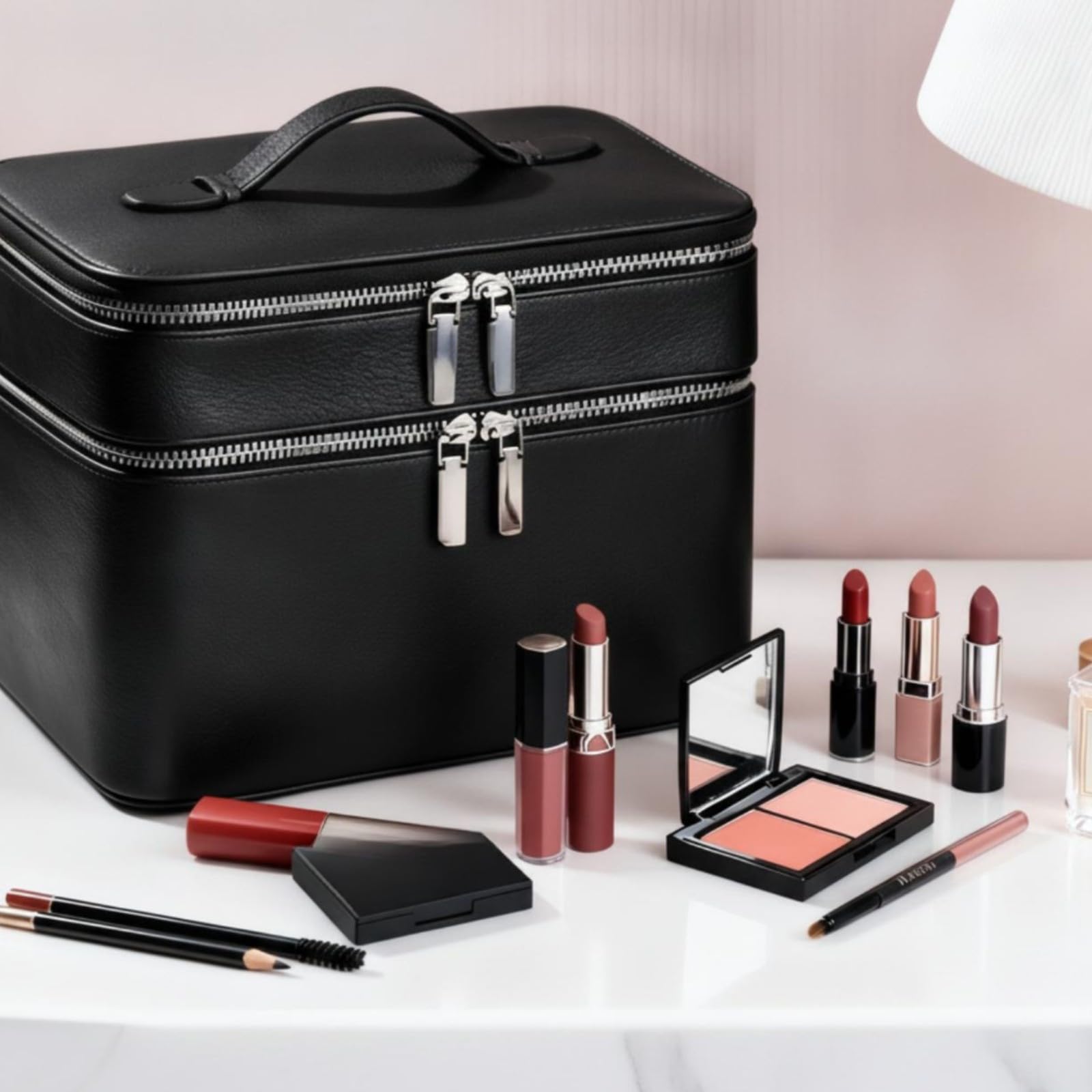Bolsa Cosméticos Estructurado | Portátil, Bolsa Aseo con Asa, Práctica, para Viajes, Viajeros, Burdeos