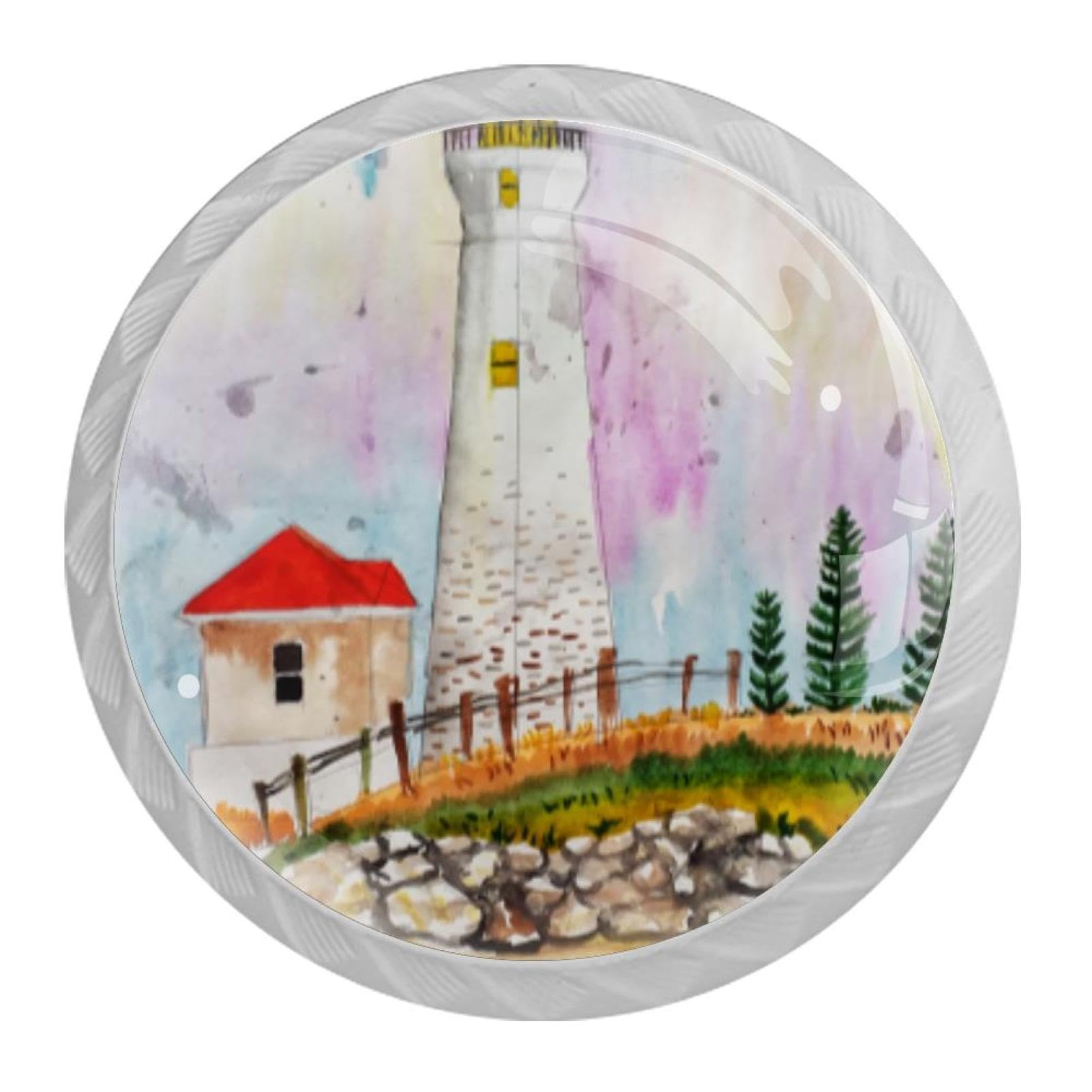 Tqmspg 4 Pieces Drawer Pulls Watercolor Lighthouse Door Knobs Dresser Handles for Kitchen Wardrobe Cupboard Hardware Furniture
