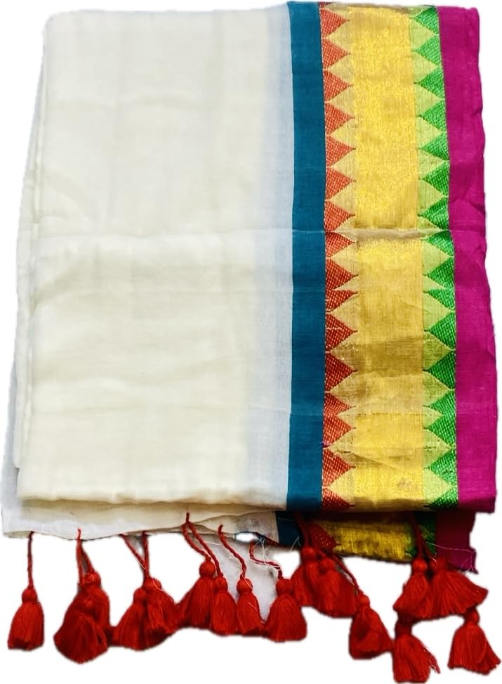 Image of Women's Mul Cotton Saree with Tassels | Soft Mulmul Saree | Woven Stripes & Zari Line | 5.5 Metres - Without Blouse