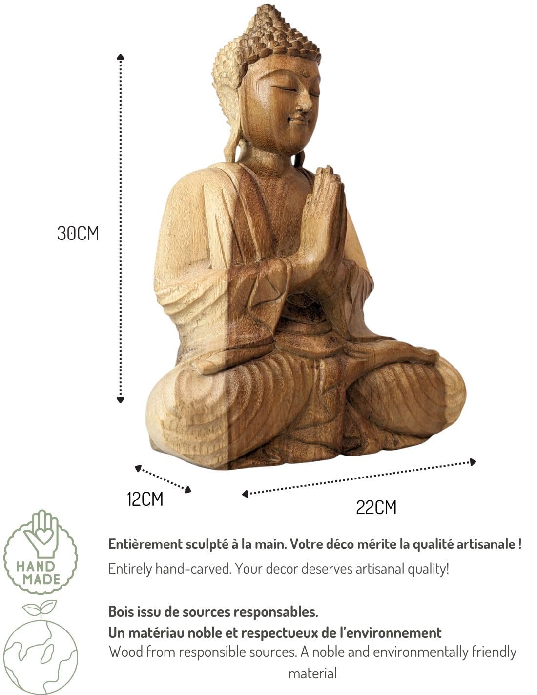 Artisanal Estatua de Buda Sentado Manos Rezando en Madera en Bruto H30 cm