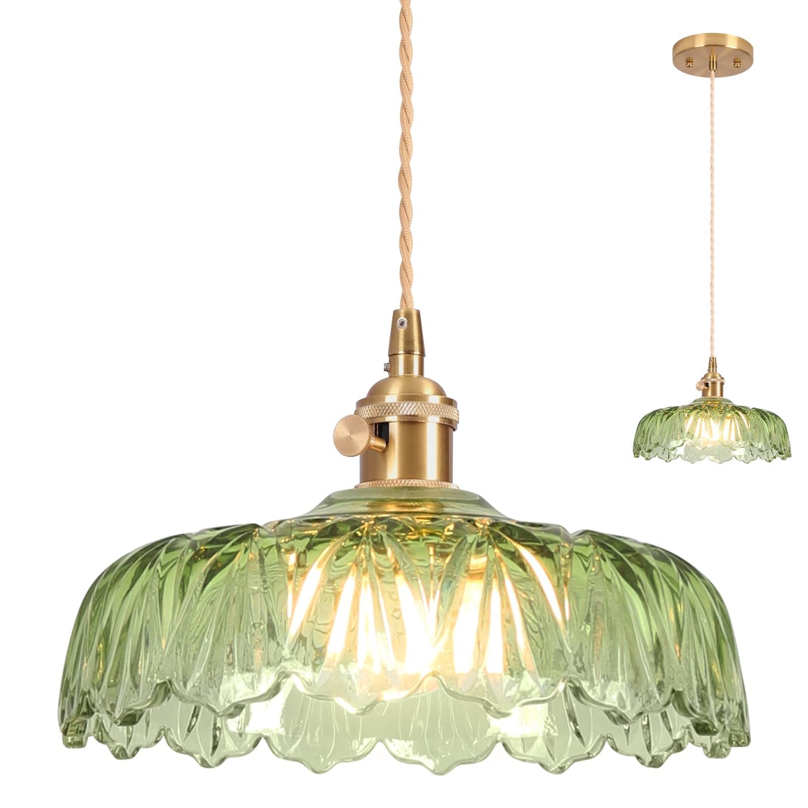 Lámpara colgante de cristal, lámpara de techo verde, E27 25 cm, lámparas colgantes de techo, lámpara de techo vintage, lámpara de araña para cocina, isla, dormitorio, pasillo, estudio