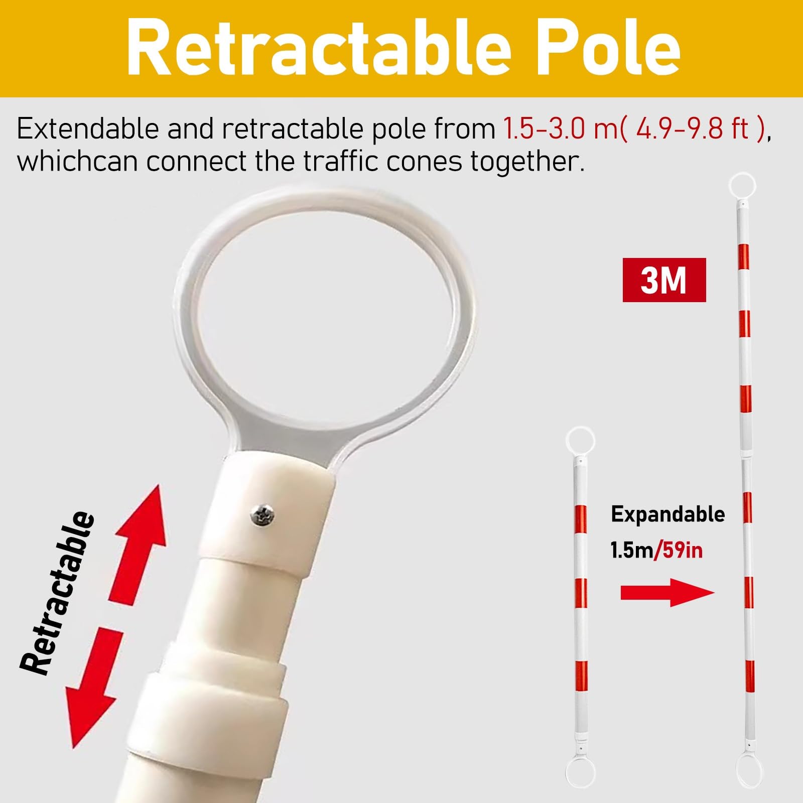 Barra de conos de tráfico Poste de cono retráctil de seguridad vial de 3,9 a 7,2 pies (paquete de 4), conectores de cono de plástico flexible, divisor de seguridad temporal(Red)