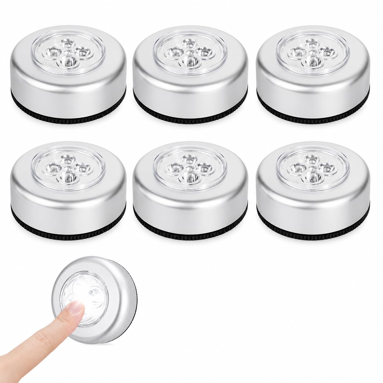 6 Pack Stick-on Push Ligh Battery Operated Stick On Lights, Wireless Push Tap Lights with Self Adhesive Backing, Compact Round Night Light for Closets Cupboards Counters Hallways, Cordless Touch Light