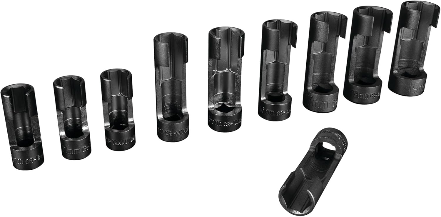 Performance Tool W84027 10 pc. 3/8-in. Dr. Flare Nut Socket Set for Tight Spaces: 10-19mm Sizes, Useful for Sensors, ABS, Master Cylinders, Chrome Vanadium Steel, Black Phosphorus Finish