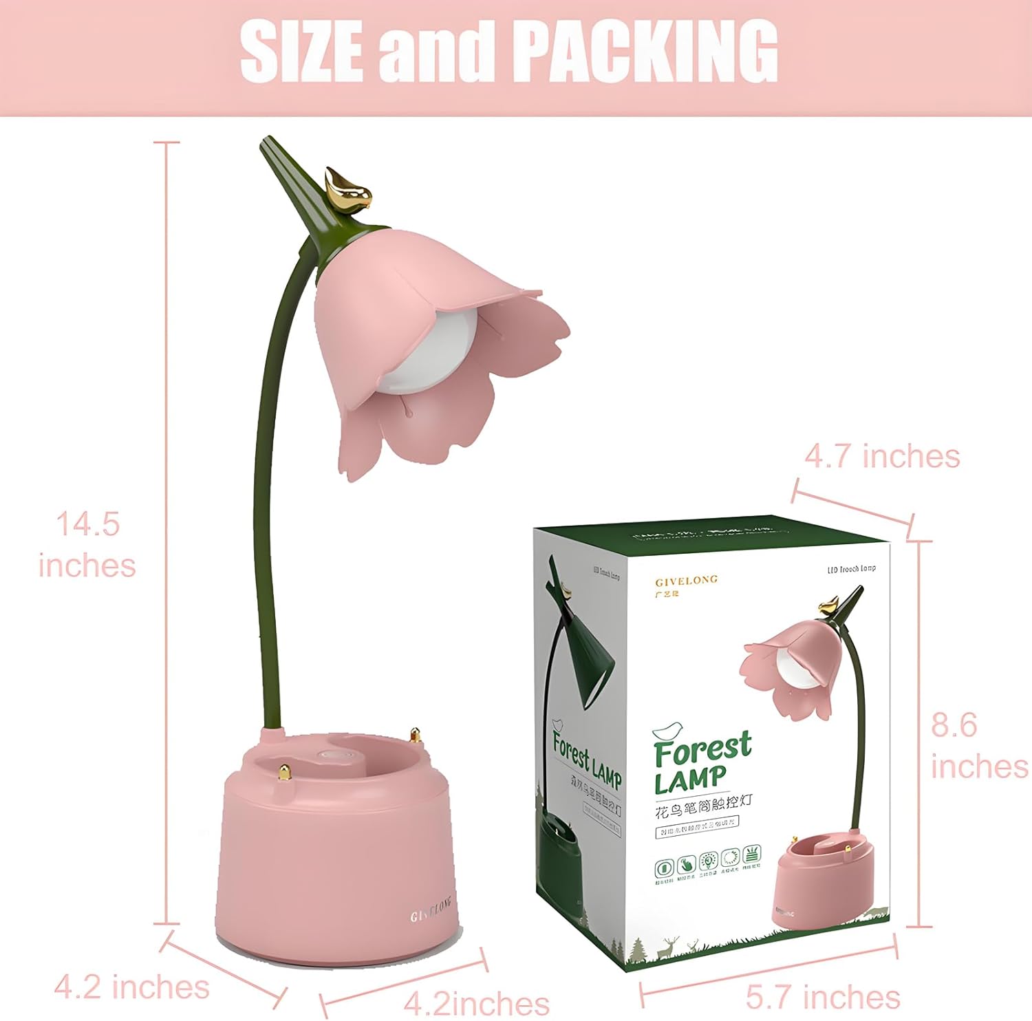 DLHONORV Cute LED Desk Lamp Kawaii Desk Accessories, Flower Bird Table lamp USB Rechargeable, 3 Color Modes, Stepless Dimming, Touch-Sensitive Switch Kawaii Room Decor Lamp, Reading Lamp (Pink)