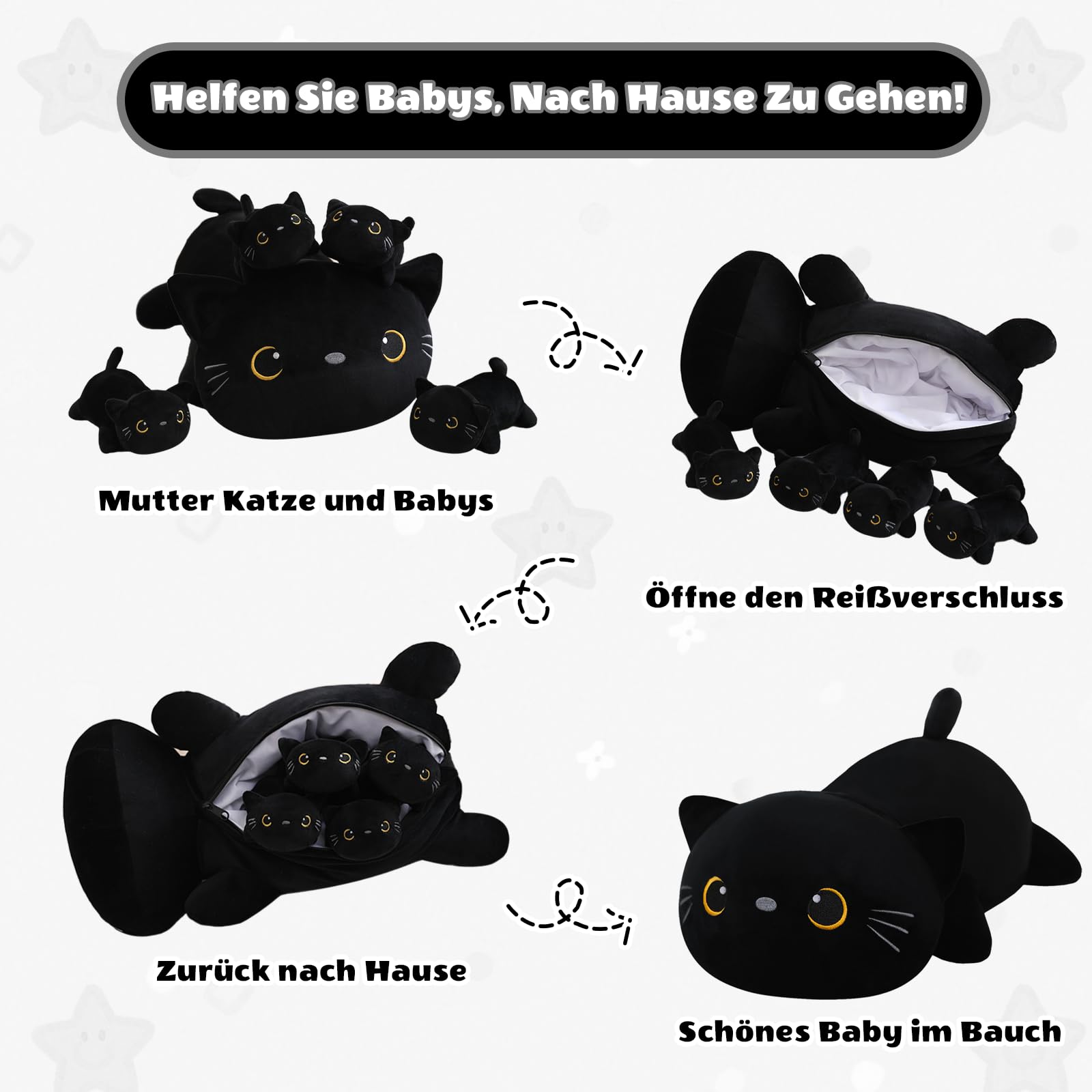 SQEQE Black Cat Plush, Cute Black Cat Stuffed Animals with 4 Baby Black Kitten Plushies in Her Tummy - Image 2