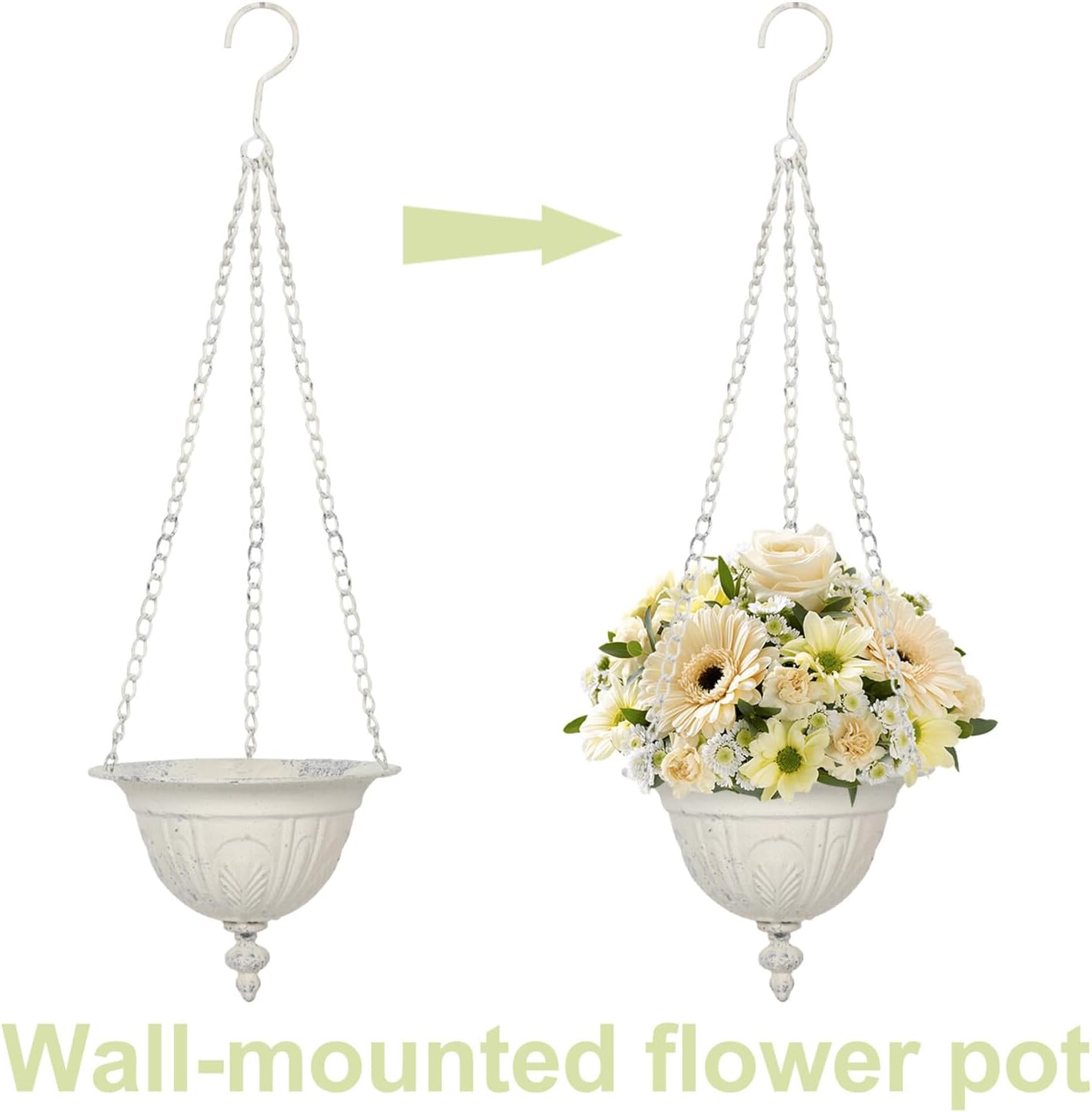 NUOBESTY Retro Metal Wall Mounted Flower Pot Planter for Indoor Outdoor Use, White Vintage Iron Hanging Plant Holder for Living Room Balcony Garden Decor