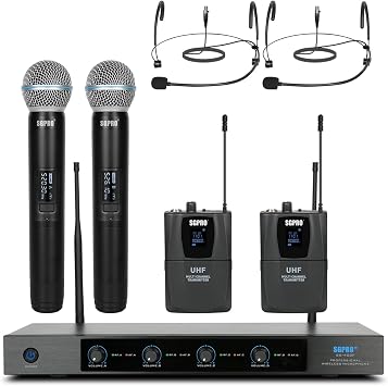 SGPRO 4-Channel Wireless Microphone System - 250Ft Range, Metal Mics & Receiver, Fixed Frequency, 2 Handheld & 2 Headset Configurations for Events & Live Performances SG-400FHB