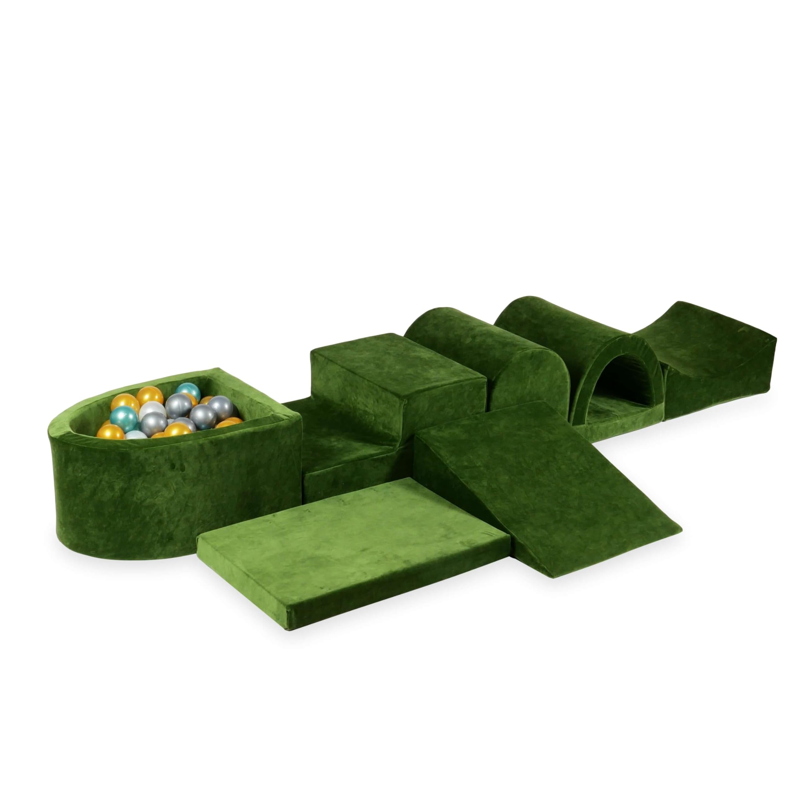 Mimii Parco giochi XXL in schiuma con vasca con palline Velvet Soft Olive (100 palline: perla/argento/oro/turchese metallizzato), grandi mattoncini da costruzione per gattonare e arrampicare, morbidi