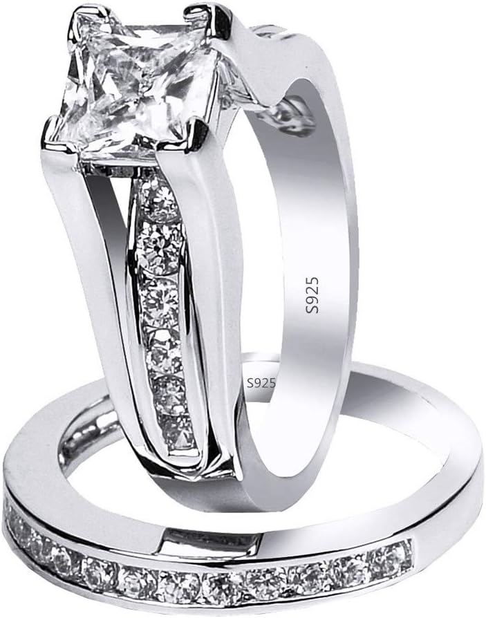 925 Sterling Silver Cubic Zirconia Princess Cut Women's Wedding Engagement Bridal Ring Set