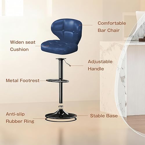 Miniatura 7 de Taburetes de bar modernos, juego de 2 taburetes de cocina giratorios de altura ajustable, asiento acolchado con respaldo, marco de metal, base