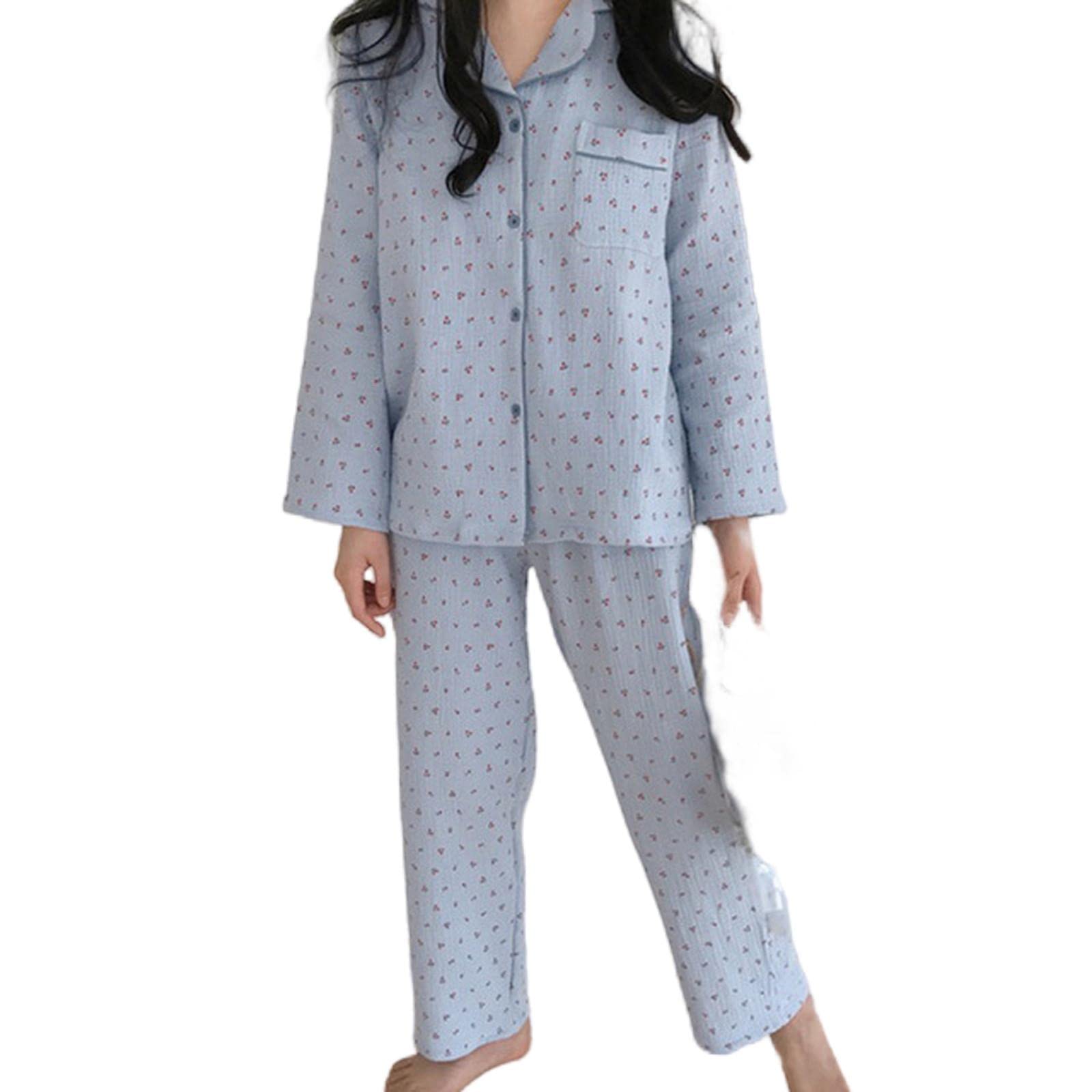 Pigiama Donna Set di Abbigliamento da Sonno in Lino di Cotone Dolce Simpatica Carina Ciliegia Pigiama Vintage Kawaii Tascabile Tascabile Camicia da Casa+Bottone Pantaloni