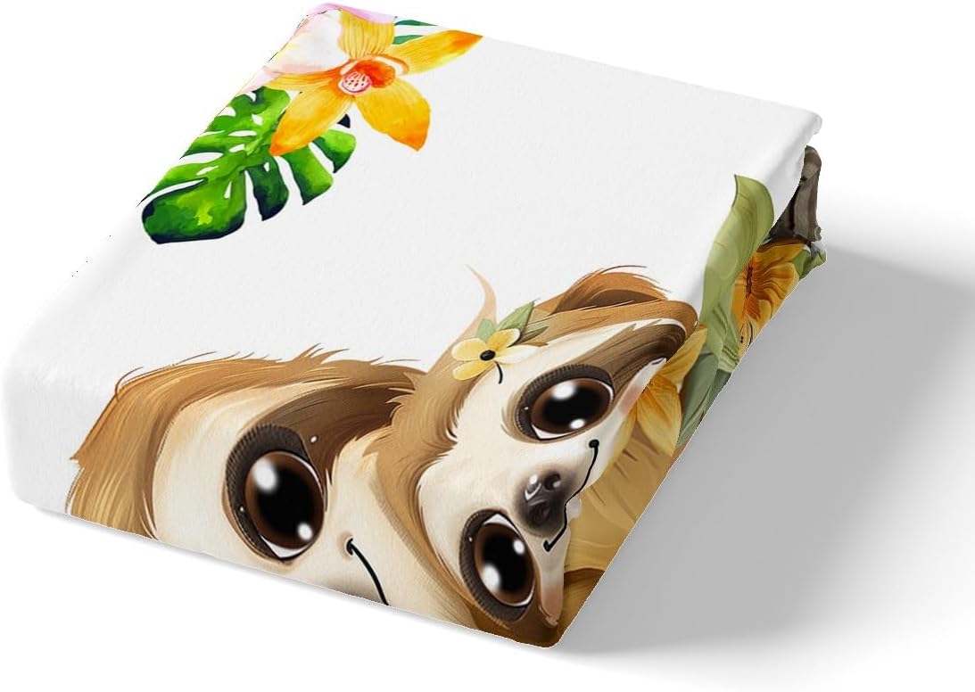 Sloth Comforter Cover For Kids, Flower Palm Leaf Duvet Cover Full, Cute Animal Lying On The Branch Bedding Set For Boys Girls Children, Cartoon Sloth Bedspread Cover Bedroom Decor, 2 Pillowcases