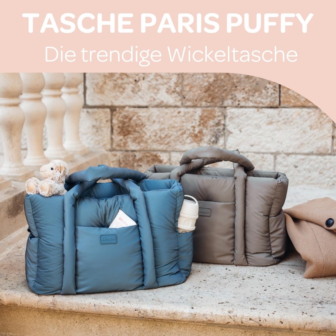 BÉABA, Wickeltasche Bebe, Ultra praktisch, 10 Innen- und Außentaschen, integrierte Kinderwagenbefestigung, herausnehmbare Wickelunterlage, Kühltasche, Tasche Paris Puffy, Eisbraun