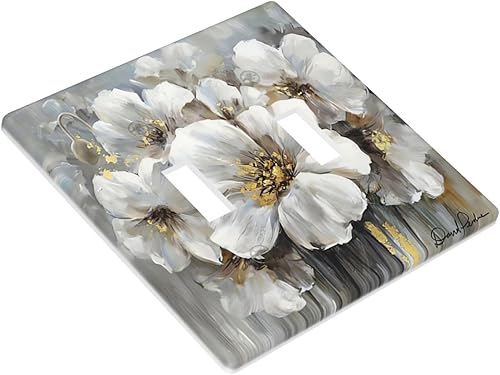Miniatura 10 de Blanco Gris Floral Con Oro 2 Gang Doble Rocker Placa De Pared Flor Acuarela Interruptor De Luz Cubierta Decorativa Enchufe Tapas Para Tomacorrientes