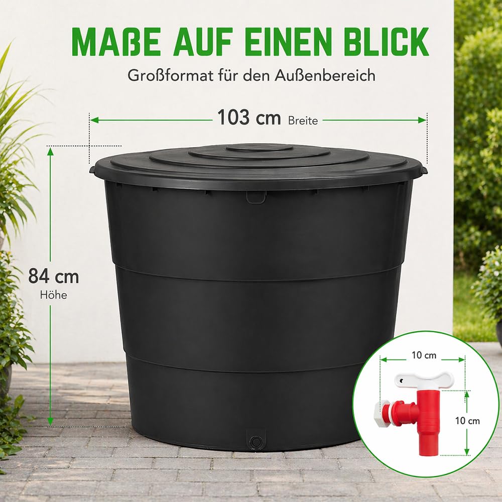 Ondis24 Kunststoff Regentonne XXL 500L mit Deckel – Wasserspeicher Fass für Garten, robust & UV-beständig, Regenwassertank zur Bewässerung, Regenfass mit Füllstandsanzeige
