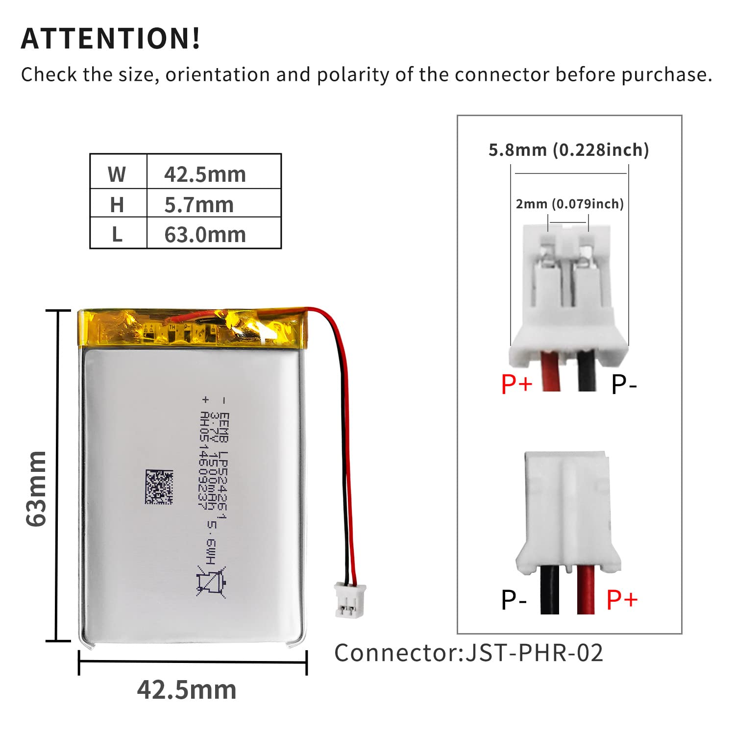 EEMB 3.7V 1500mAh 524261 Bateria Lipo ładowalny litowy polimerowy ze złączem JST - Upewnij się, że polaryzacja urządzenia pasuje do akumulatora przed zakupem!!!