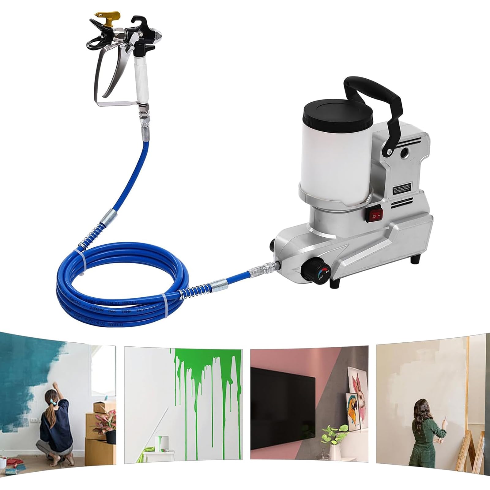 Pulverizador de pintura sin aire de alta presión de 1600 W, presión ajustable, manguera de 5 m, flujo de 2,5 l/min, ideal para pulverización en interiores y exteriores, equipos de prevención de