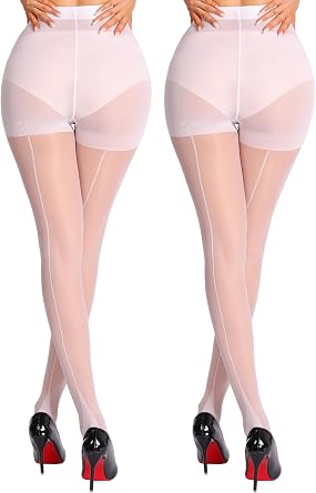 2 Pairs Sheer Backseam Tights for Women, Cuban Heel Stockings with Reinforced Toes & Control Top Pantyhose